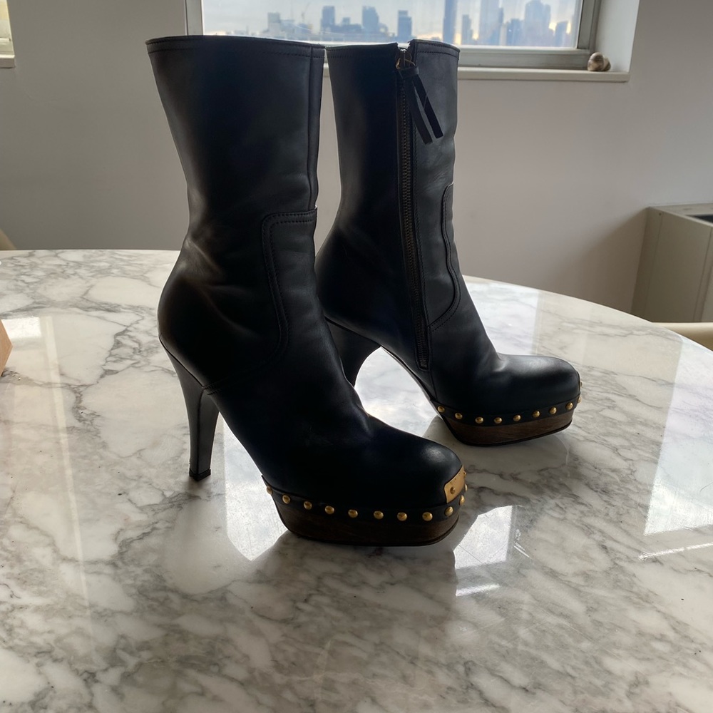 Miu Miu black leather platform boots with gold studs size 8